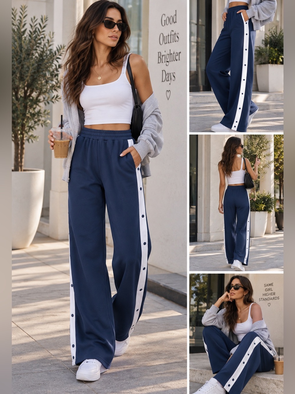 ShopEvelynne Navy Wide-Leg Snap Side-Stripe Track Pants